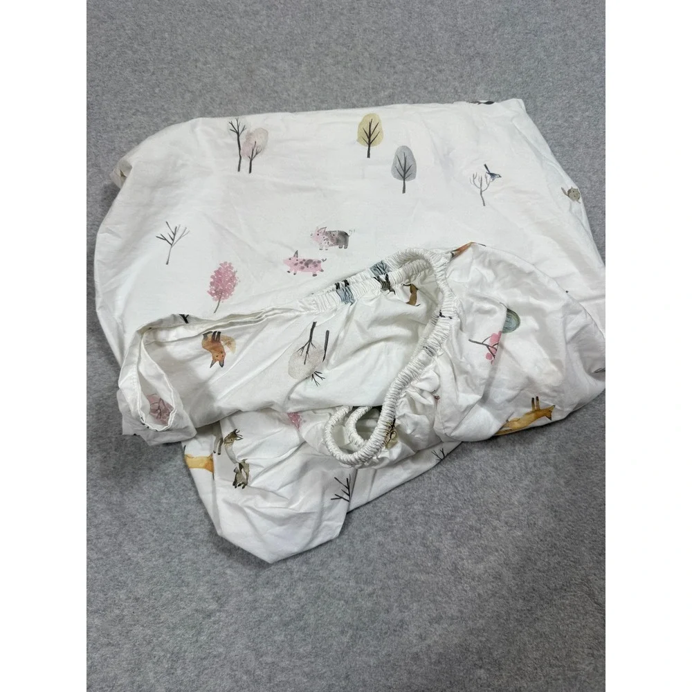 Pottery Barn Kids Organic Cotton Woodland Animal Crib Fitted Sheet White Multi